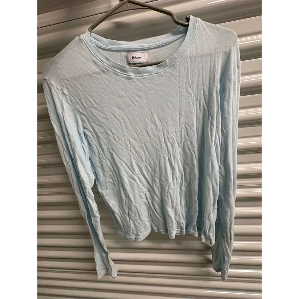 SPRWMN Los Angeles Womens Baby Blue 100% Cotton Long Sleeve Crewneck Tee Large